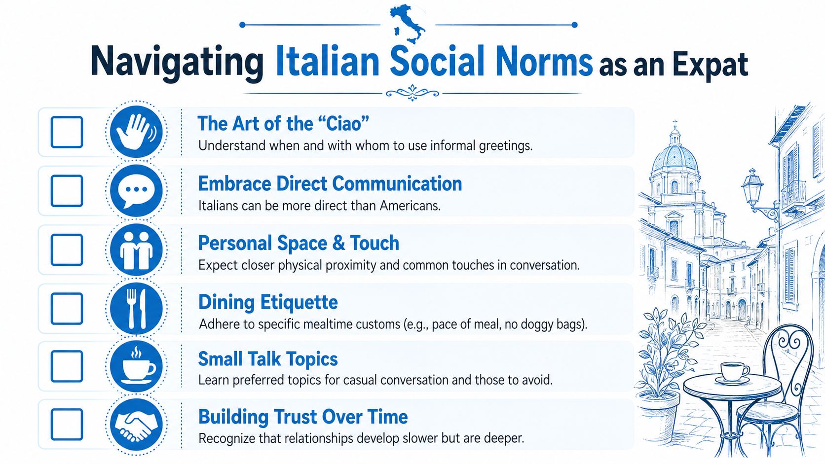 An infographic list titled Navigating Italian Social Norms as an Expat detailing tips for social interaction.