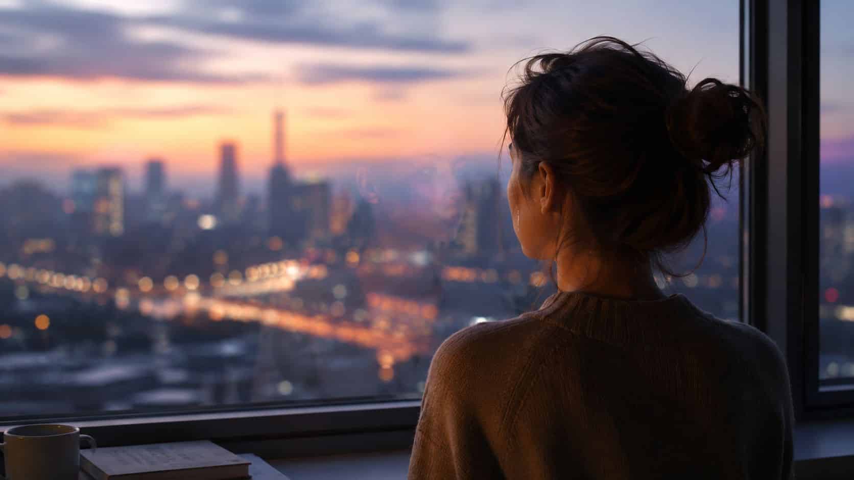 A woman looking out of a skyscraper window at a glowing city skyline during sunset.