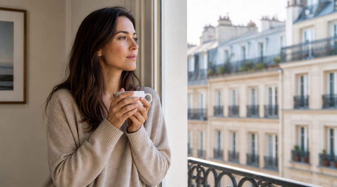 A thoughtful woman holding a cup of tea by a window overlooking a classic Parisian cityscape.