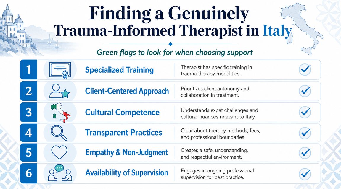 An infographic titled Finding a Genuinely Trauma-Informed Therapist in Italy listing six green flags to look for.