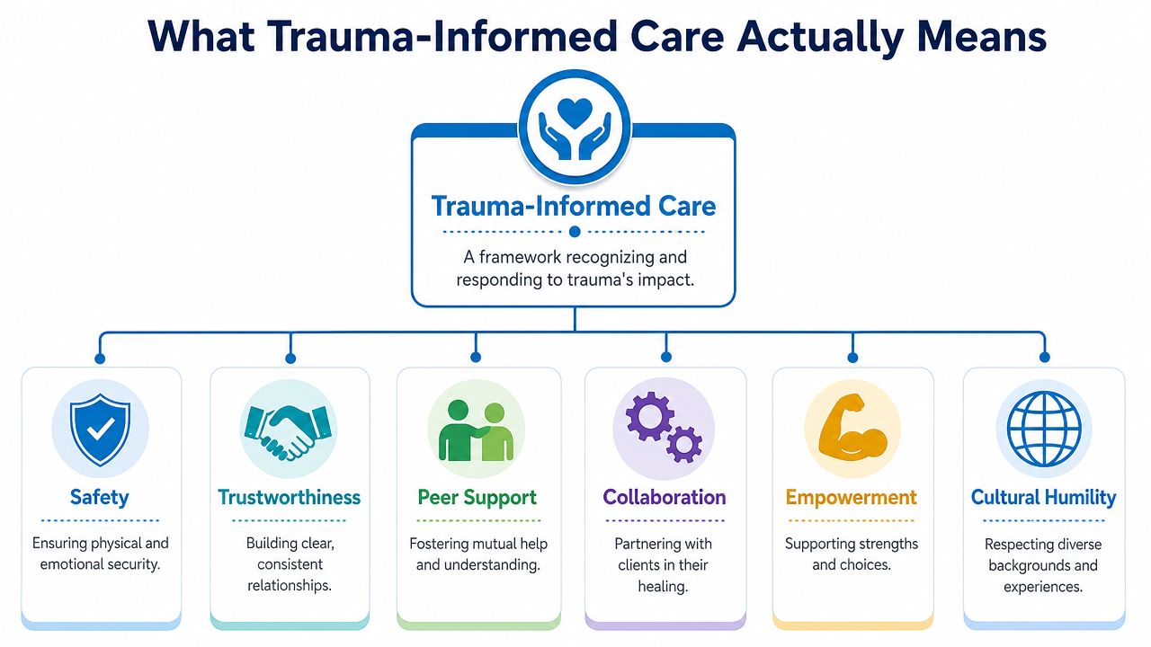 A diagram illustrating the six key principles of trauma-informed care: safety, trustworthiness, peer support, collaboration, empowerment, and cultural humility.
