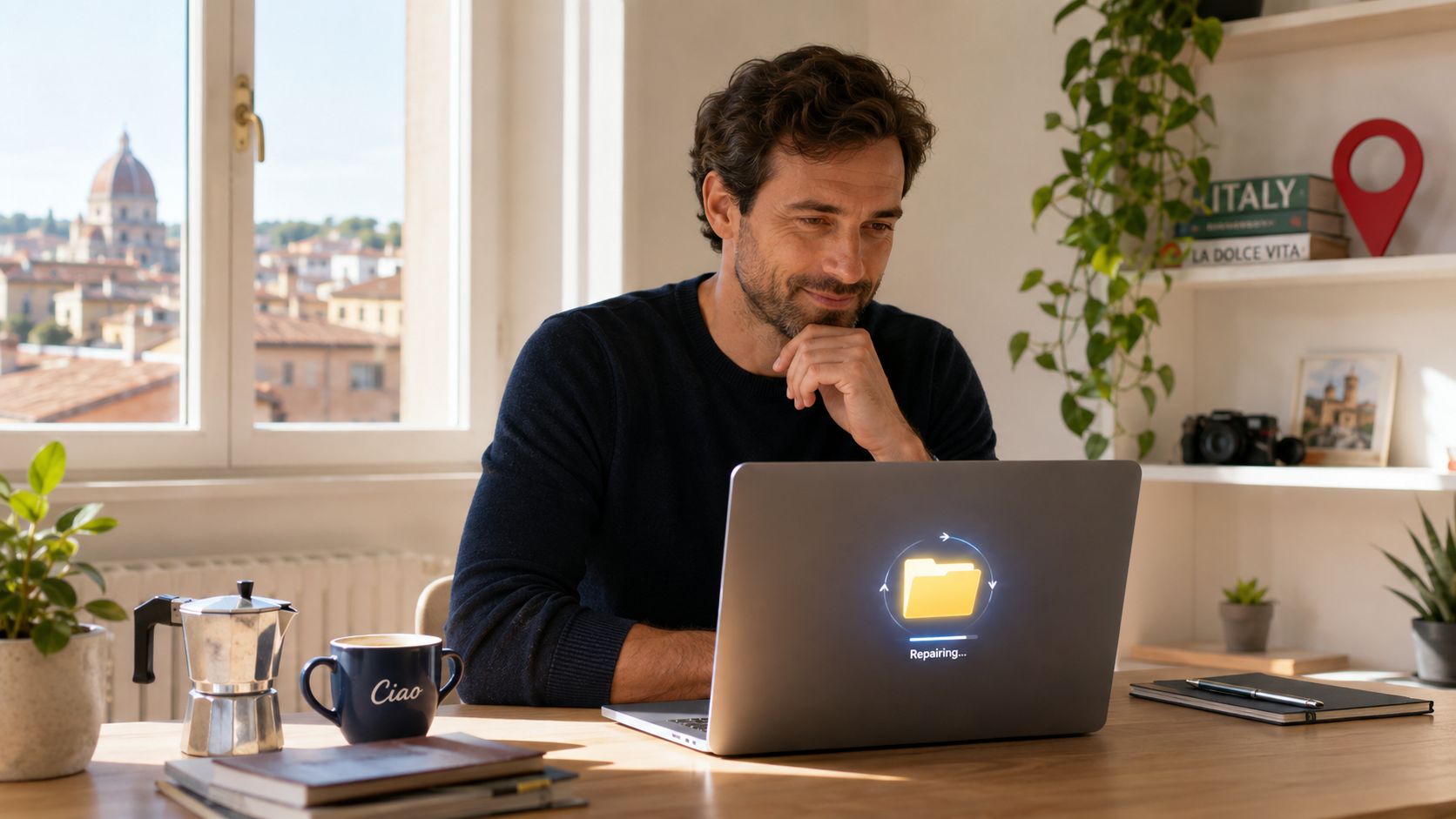 A man smiling while working on a laptop displaying a file repair progress screen in a bright office.