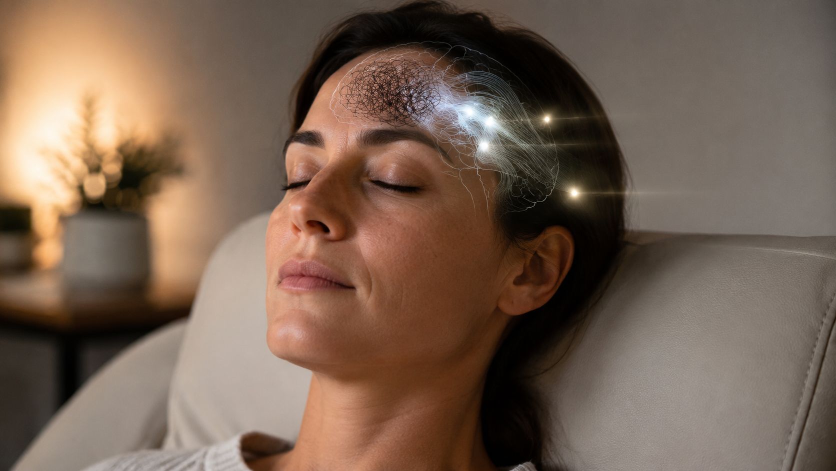 A relaxed woman sitting with closed eyes as a glowing digital brain visualization appears over her forehead.