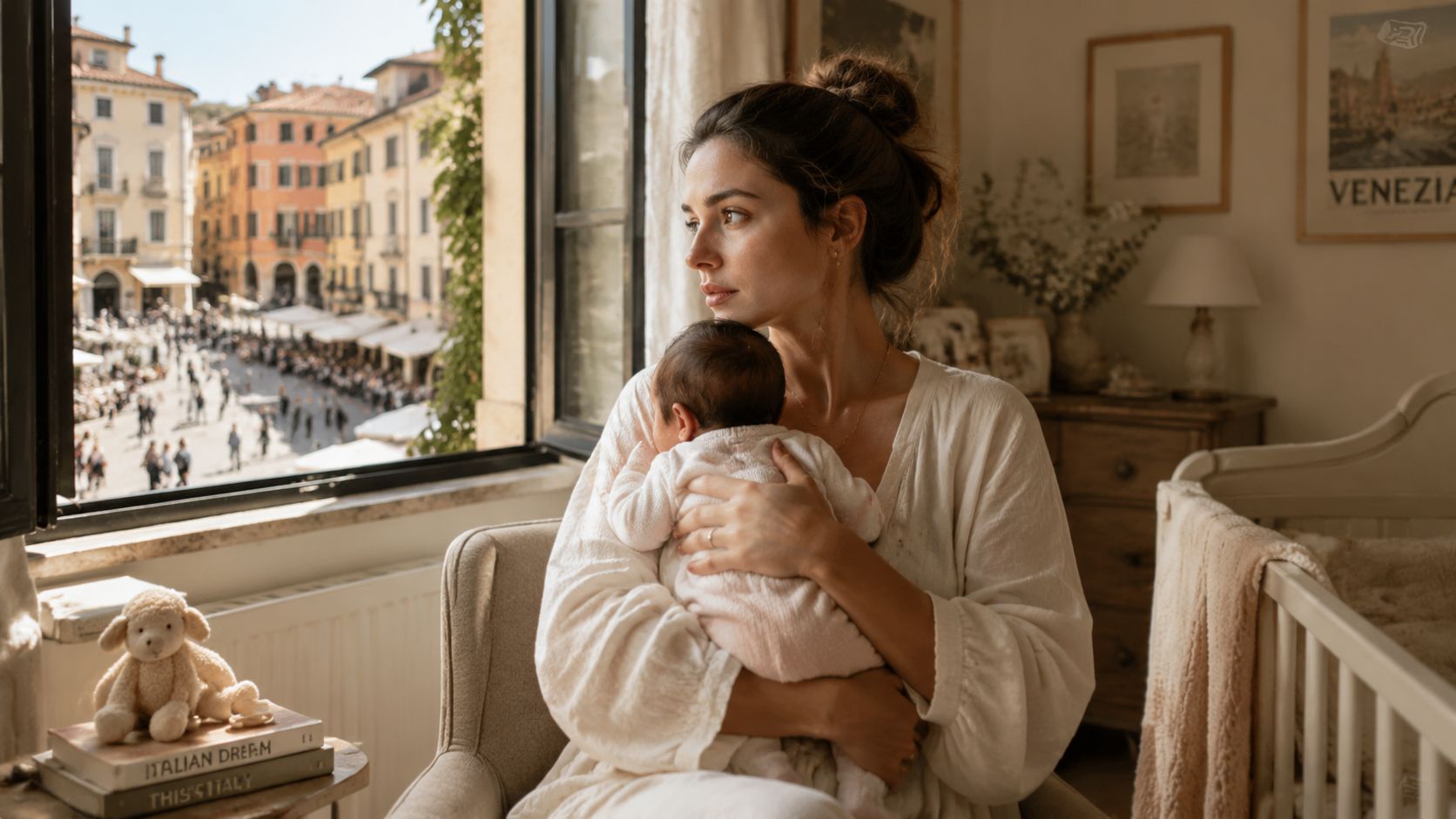 A mother gently holding her newborn baby while looking out a window at an Italian town square.