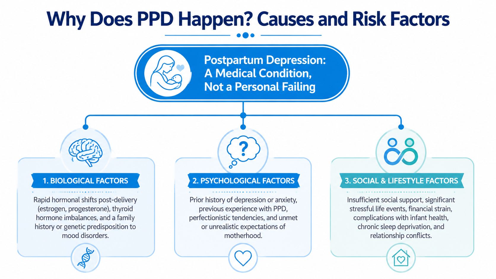 An infographic titled Why Does PPD Happen describing the biological, psychological, and social risk factors of postpartum depression.