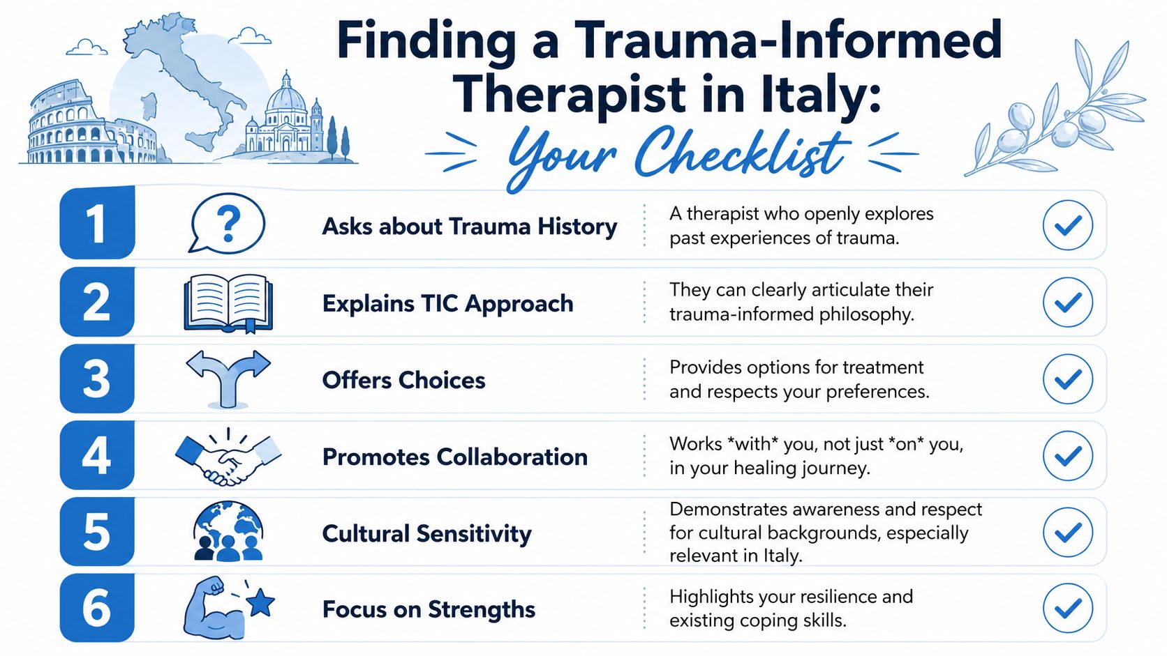 A checklist infographic titled Finding a Trauma-Informed Therapist in Italy, outlining six essential qualities to look for.