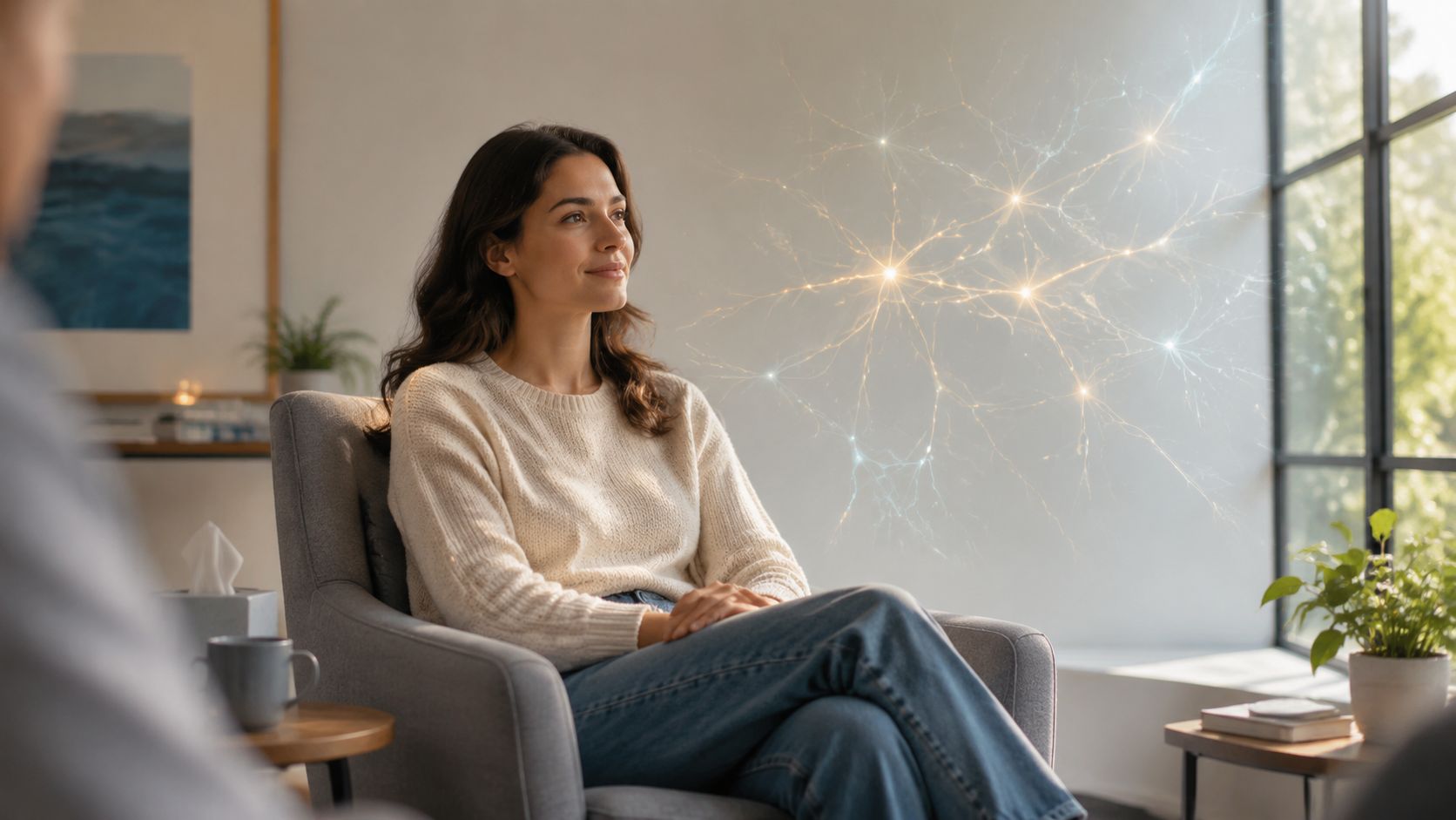 A woman sitting in a therapy office during a session, symbolizing mental health and trauma processing.