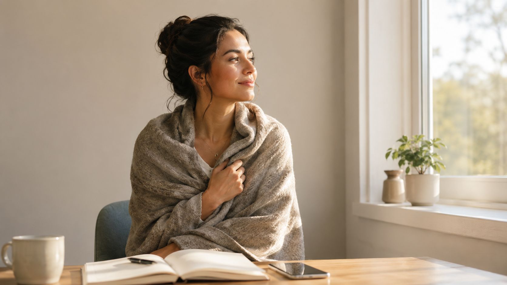 A peaceful woman wrapped in a cozy blanket sitting at a wooden table near a window.