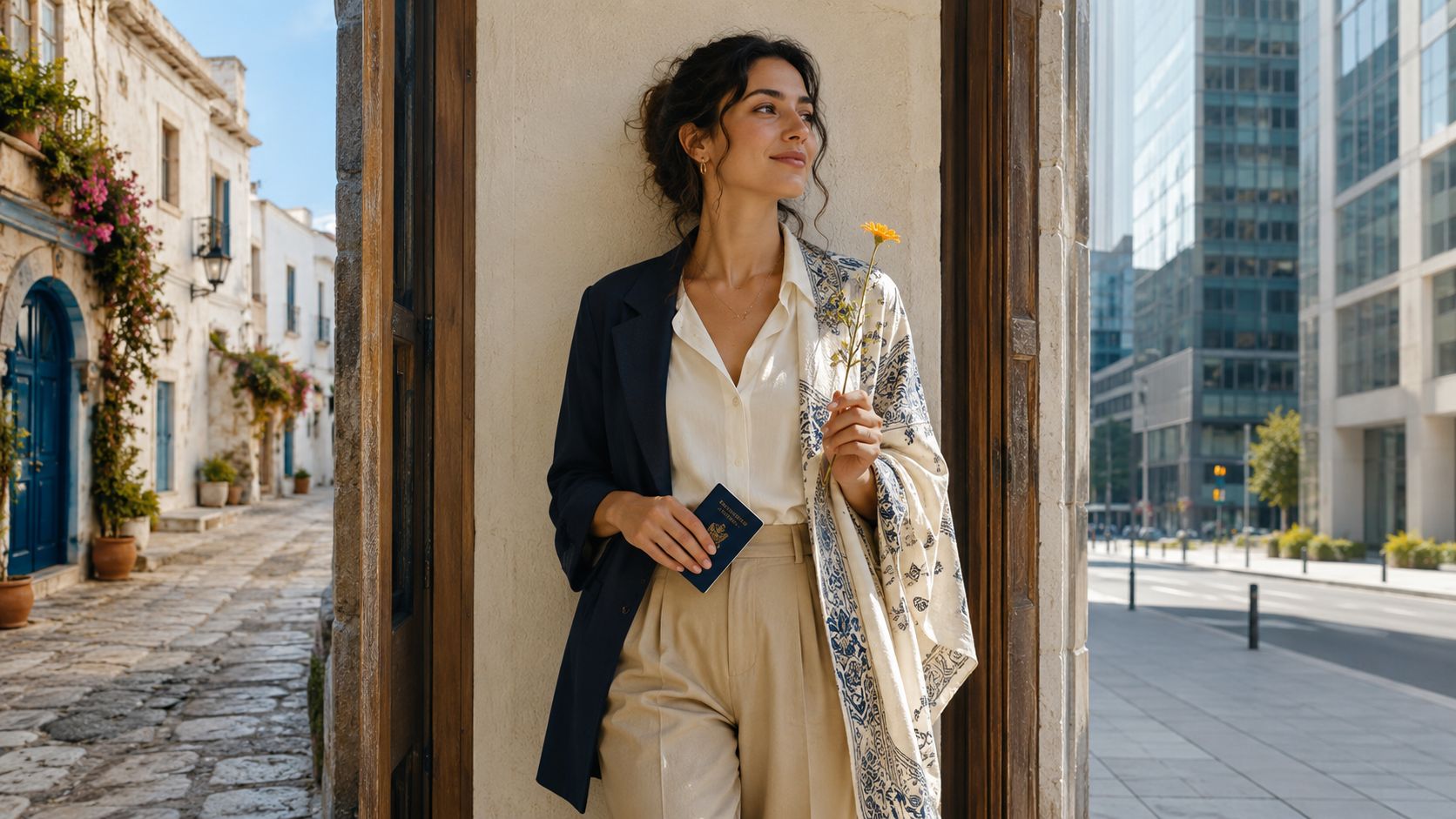 A woman holding a passport and a flower standing in a doorway between old and modern architecture.