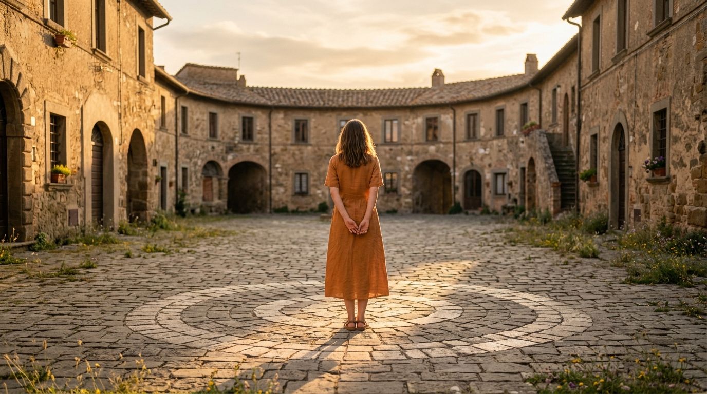 A woman in a brown dress standing in the center of a historic circular stone courtyard.