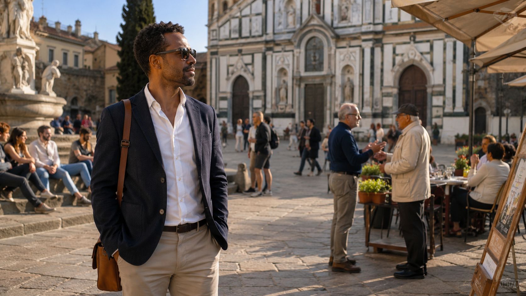 A confident man in a suit standing in an Italian piazza with a historic cathedral in the background.