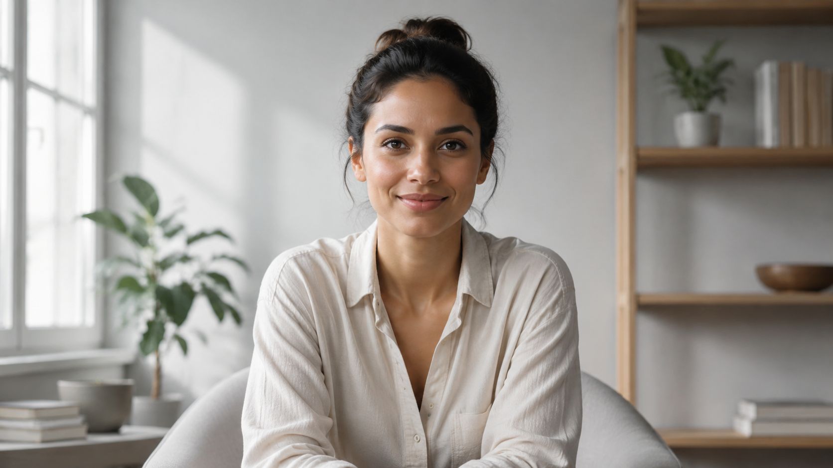 A professional woman with her hair in a bun looking confidently at the camera in a room.