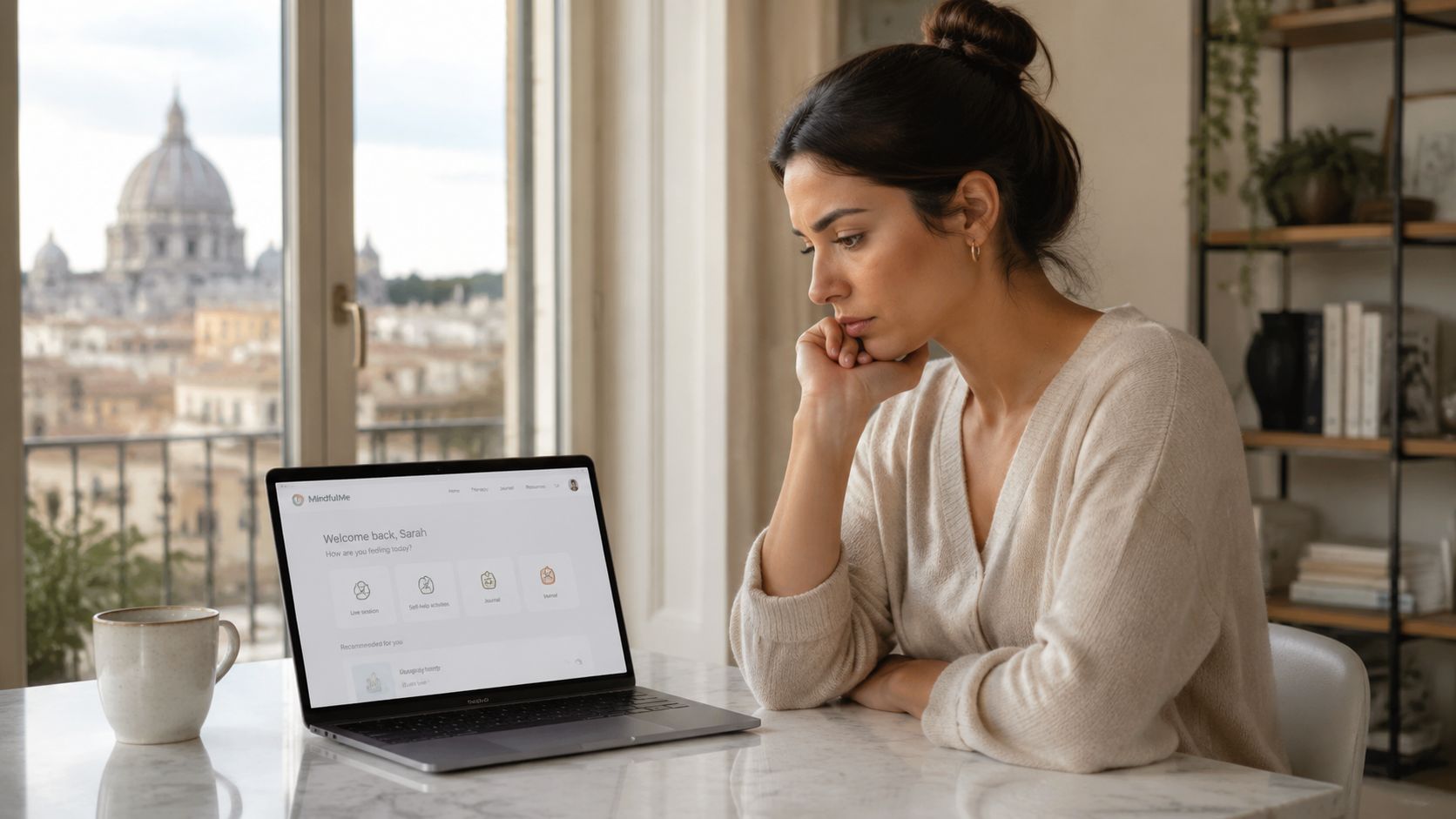 A woman sits at a table with a laptop, looking at a mental health app dashboard.