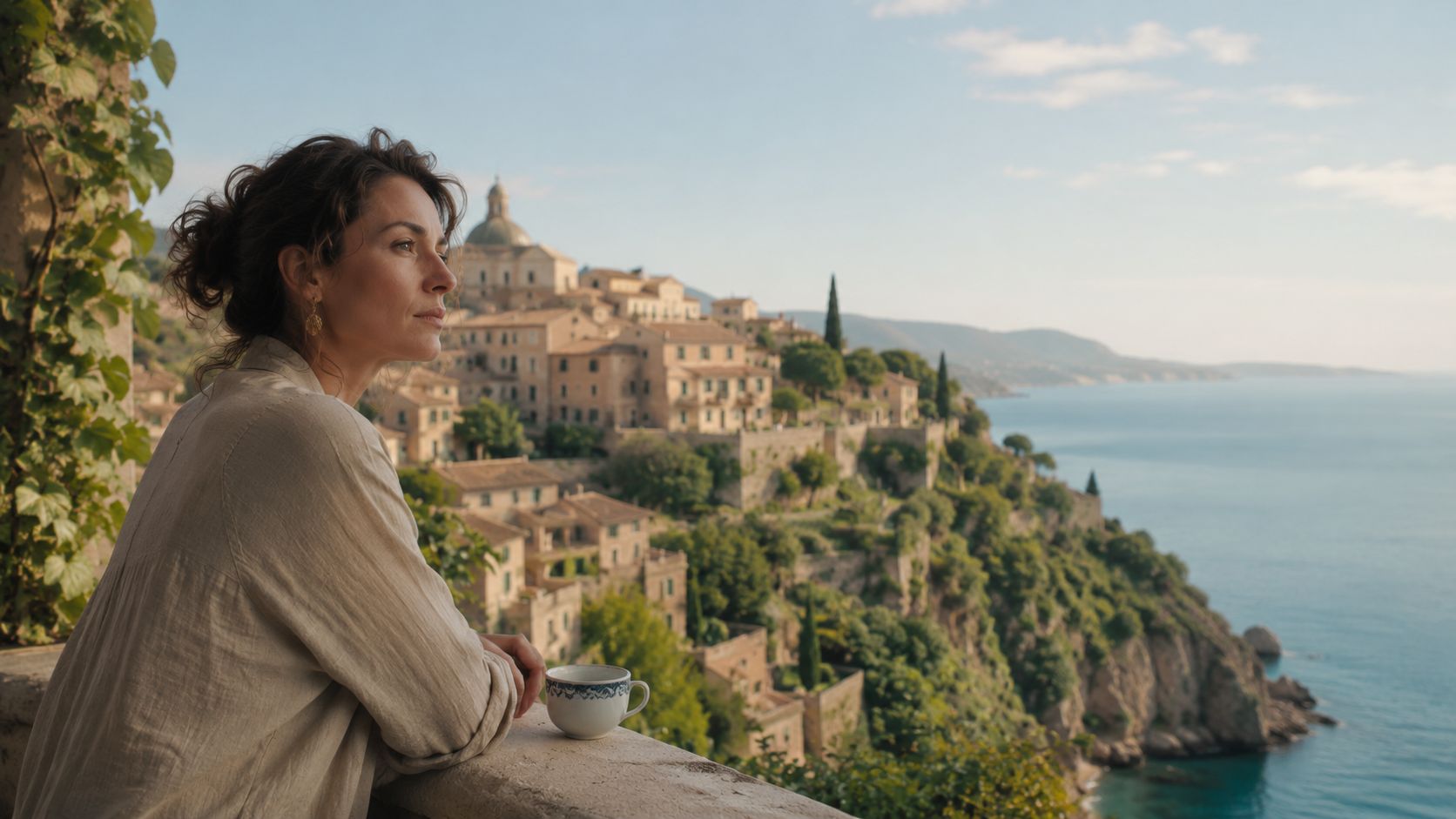 A serene woman gazes at a beautiful coastal town from a balcony while holding a tea cup.
