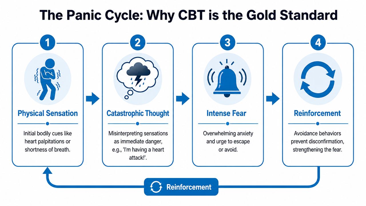 A four-step diagram illustrating the panic cycle, explaining how physical sensations trigger catastrophic thoughts and avoidance behavior.