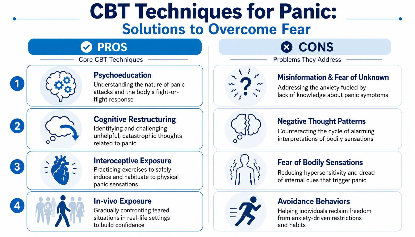An infographic detailing four core CBT techniques used to treat and overcome panic disorder symptoms.
