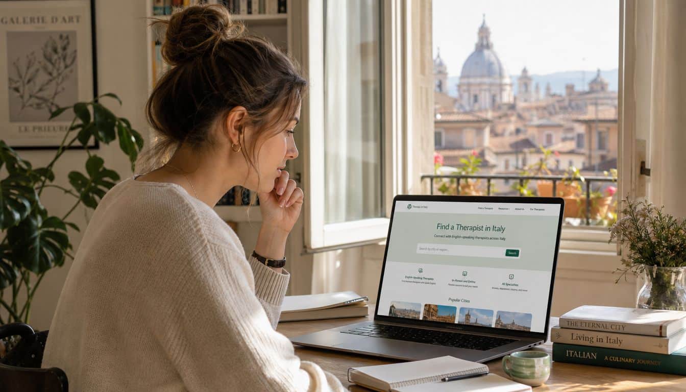 A woman searching for English-speaking therapists in Italy on her laptop while sitting by a bright window.