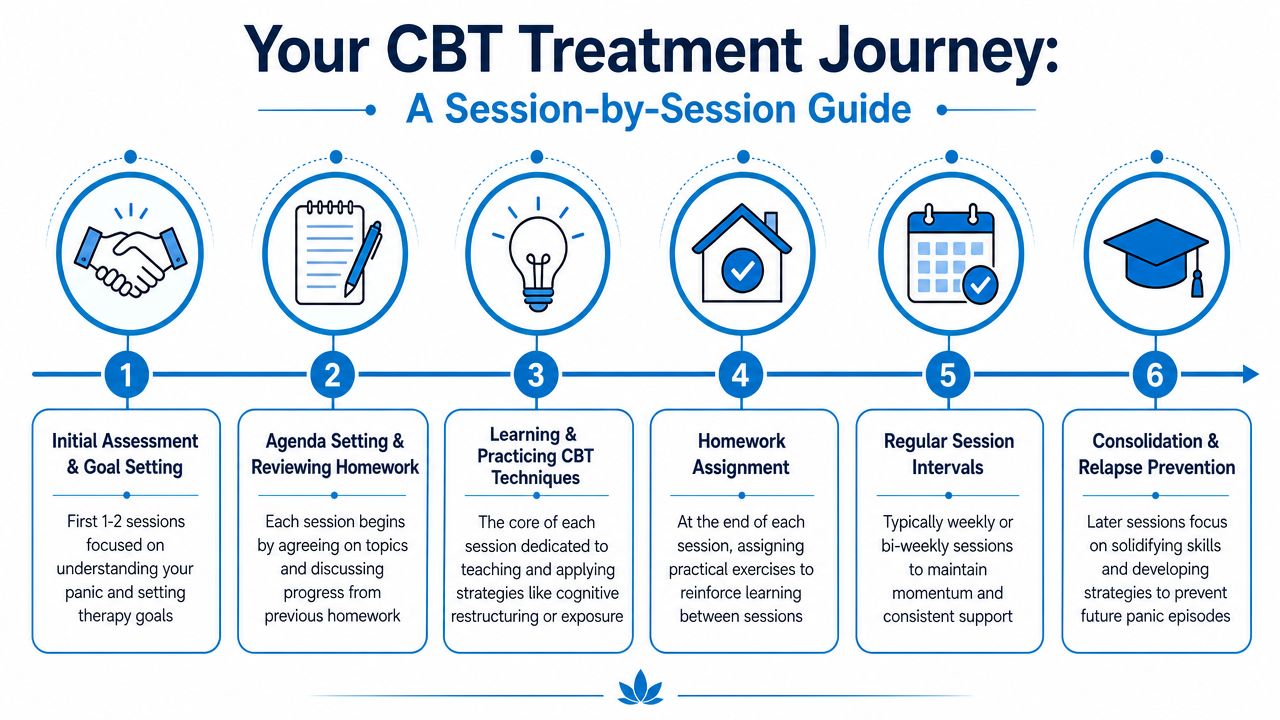 A six-step infographic detailing the CBT treatment journey for panic disorder from assessment to relapse prevention.