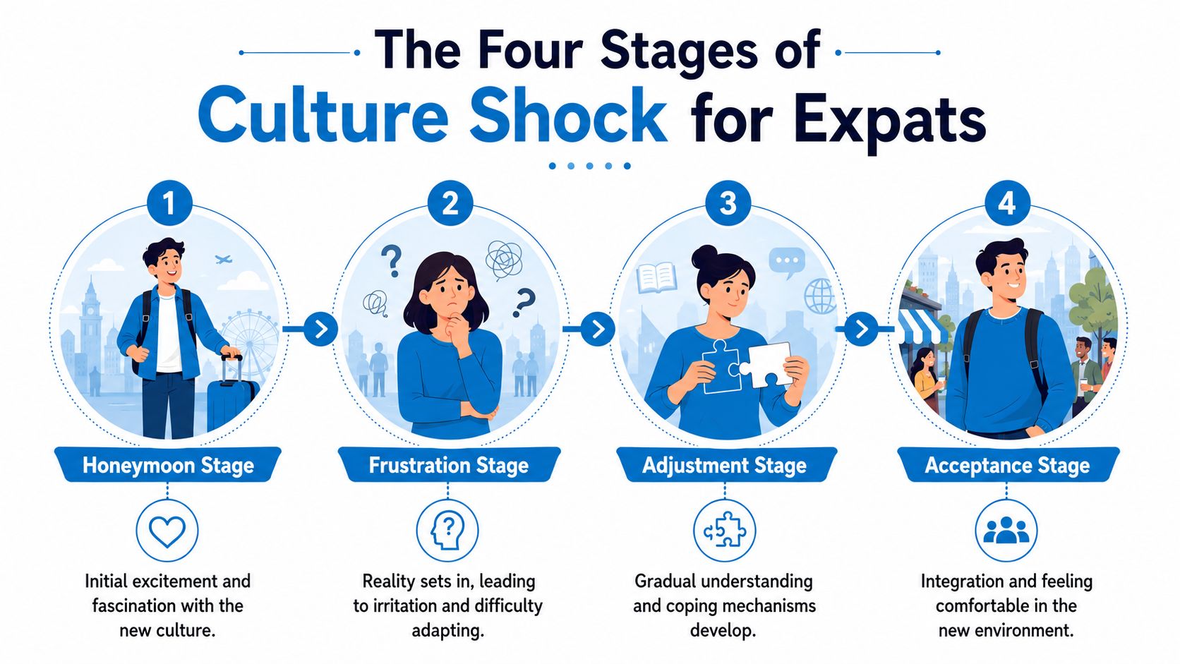 An infographic illustrating the four stages of culture shock for expats from honeymoon to acceptance.