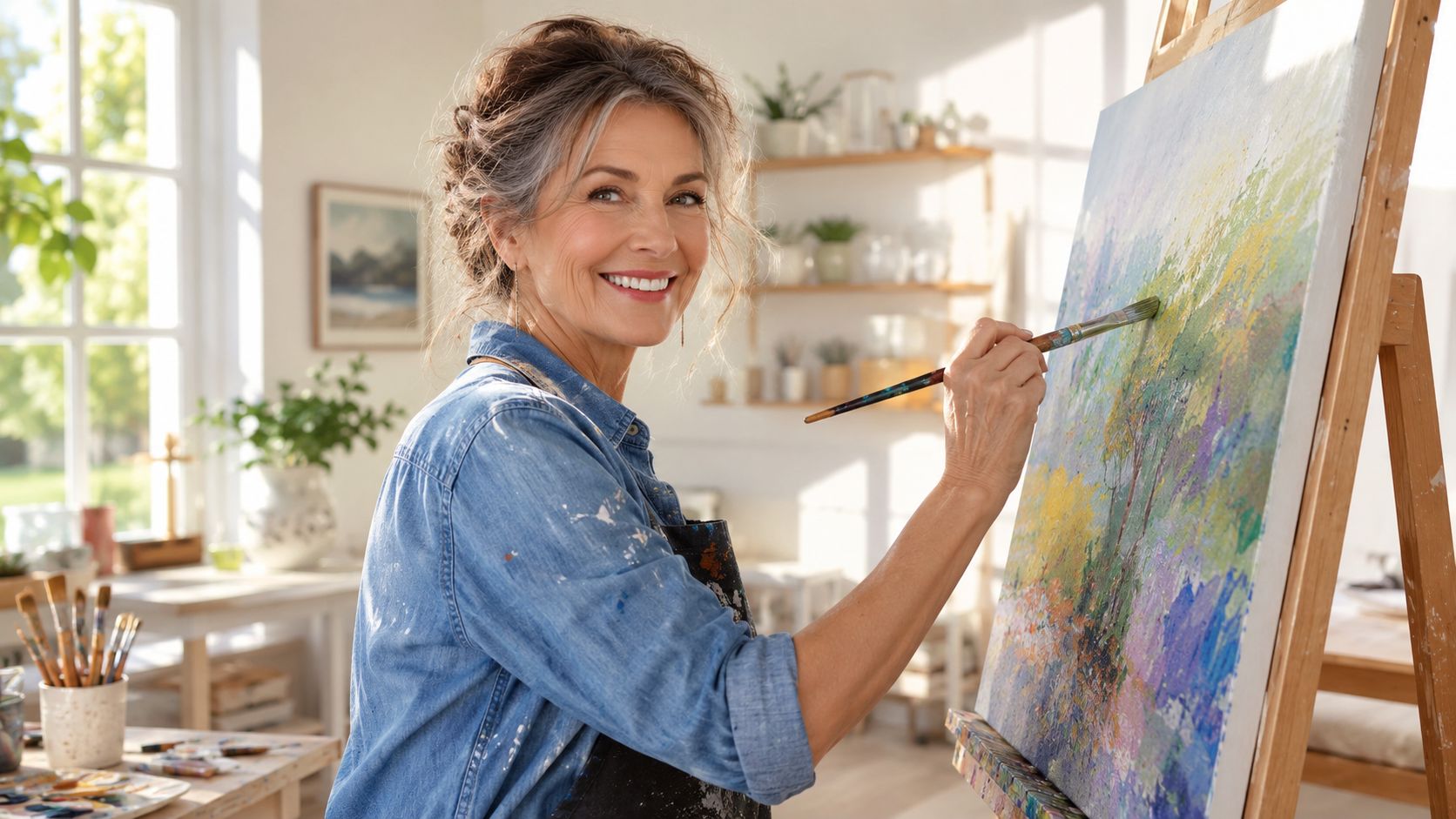 A happy mature woman with grey hair painting a colorful impressionist landscape on a canvas in her studio.