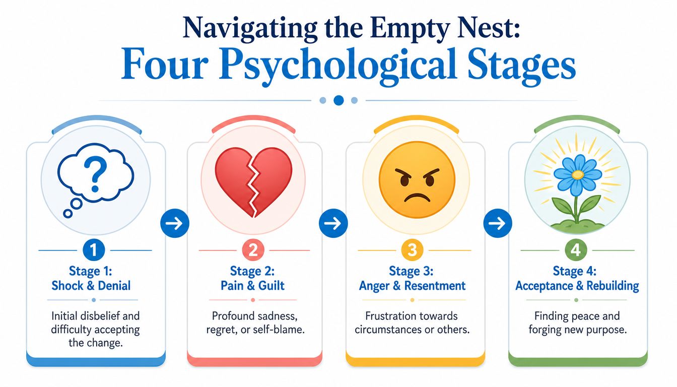 An infographic detailing the four psychological stages of navigating empty nest syndrome: shock, pain, anger, and acceptance.
