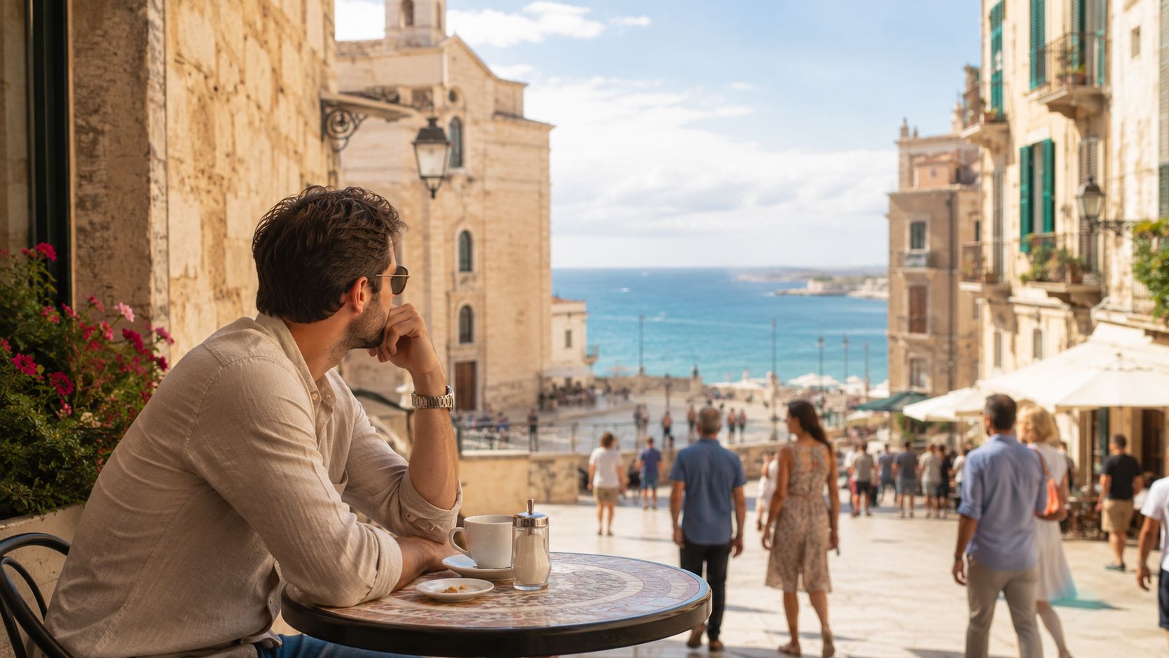 A man sits at a cafe table overlooking the coastal street of Bari, Italy, with sea views.