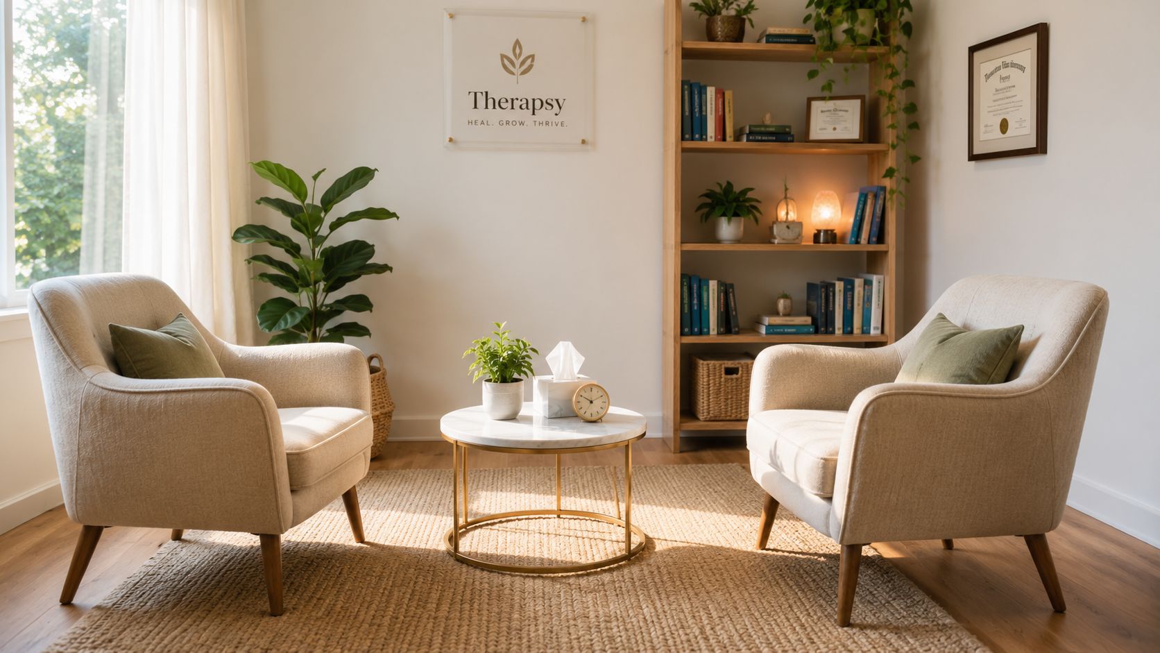 A cozy, sunlit therapy office featuring two beige armchairs, a marble coffee table, and a wooden bookshelf.