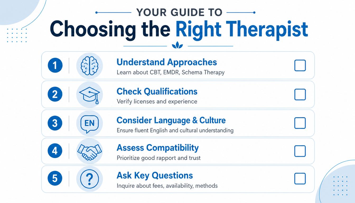 A five-step infographic guide titled Choosing the Right Therapist, listing essential criteria for selecting a mental health professional.