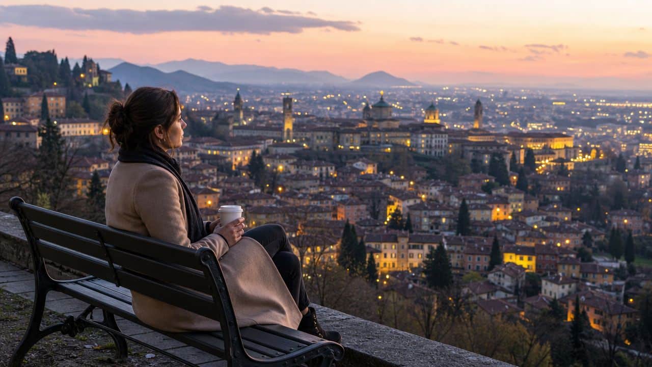 A woman sits on a bench overlooking a scenic European city during a beautiful golden sunset.