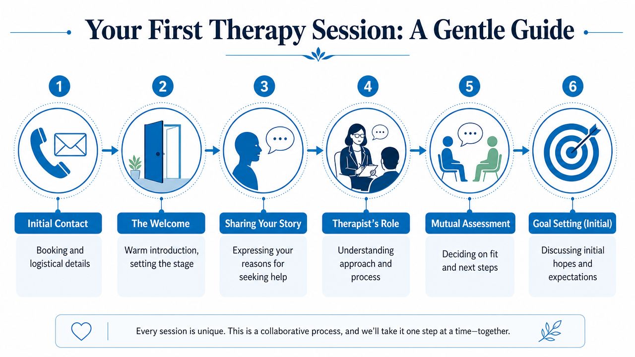 A step-by-step infographic titled Your First Therapy Session: A Gentle Guide, illustrating the process of starting therapy.