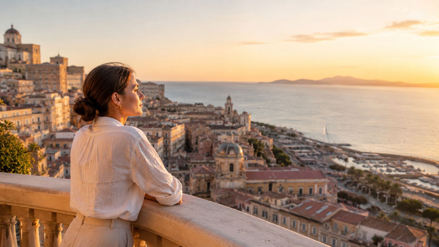 A woman looks out over the historic city of Cagliari at sunset from a stone terrace balcony.