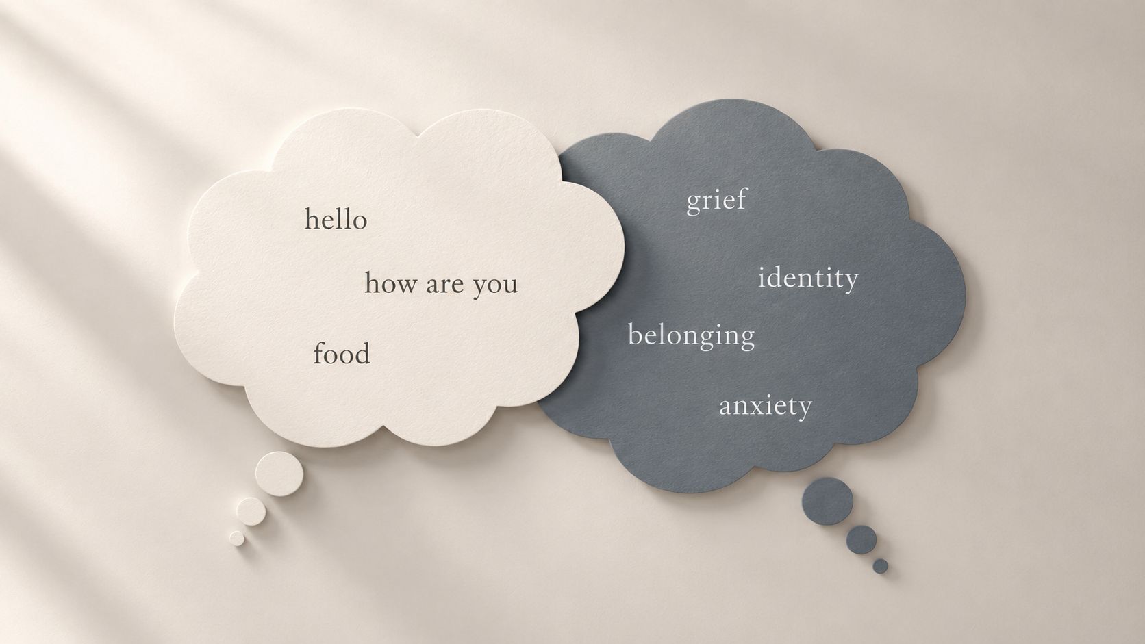 A conceptual graphic showing two speech bubbles with simple social words versus deeper emotional topics.