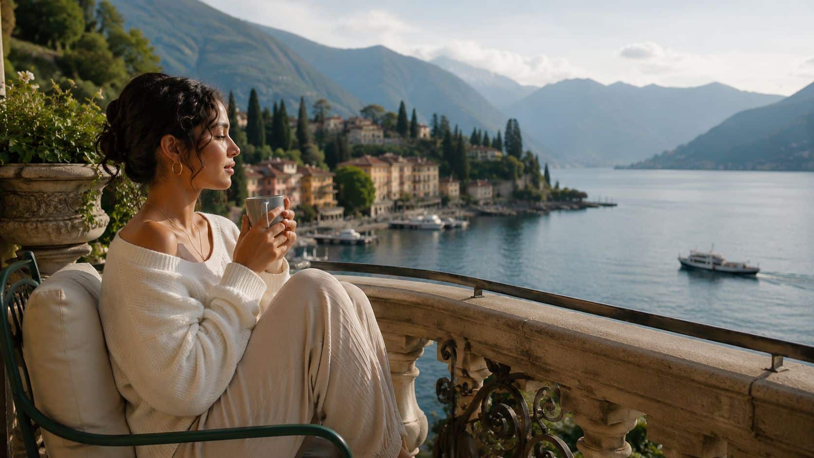 A serene woman holding a mug while relaxing on a scenic balcony overlooking Lake Como, Italy.