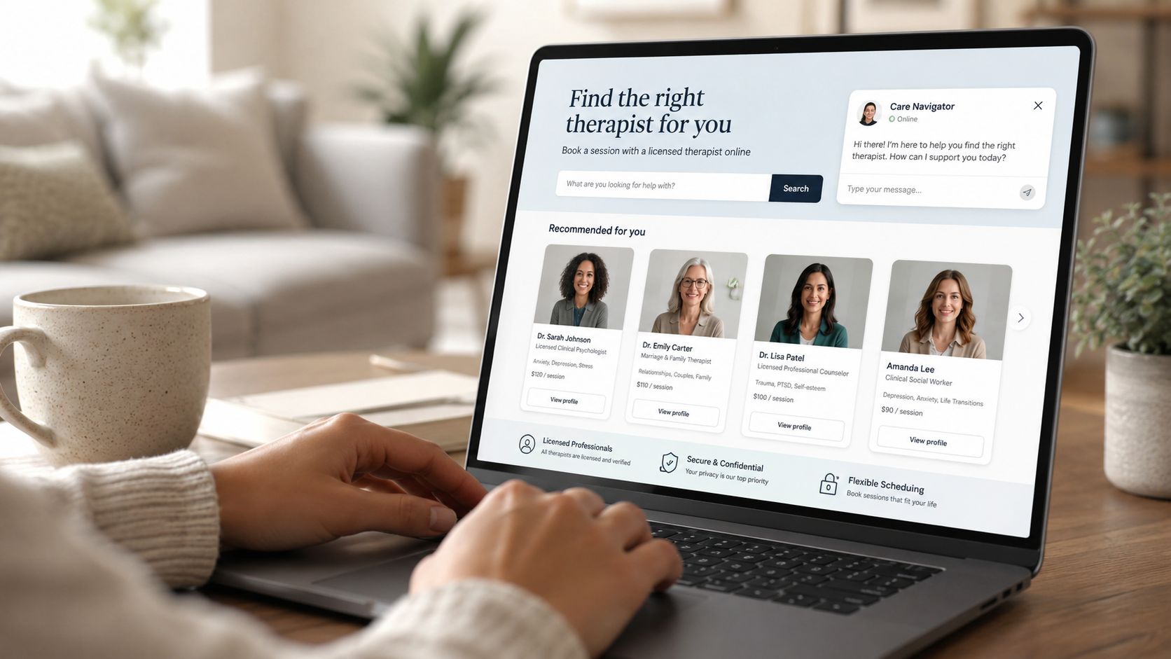 A person using a laptop to browse an online therapy booking platform to find English speaking therapists.