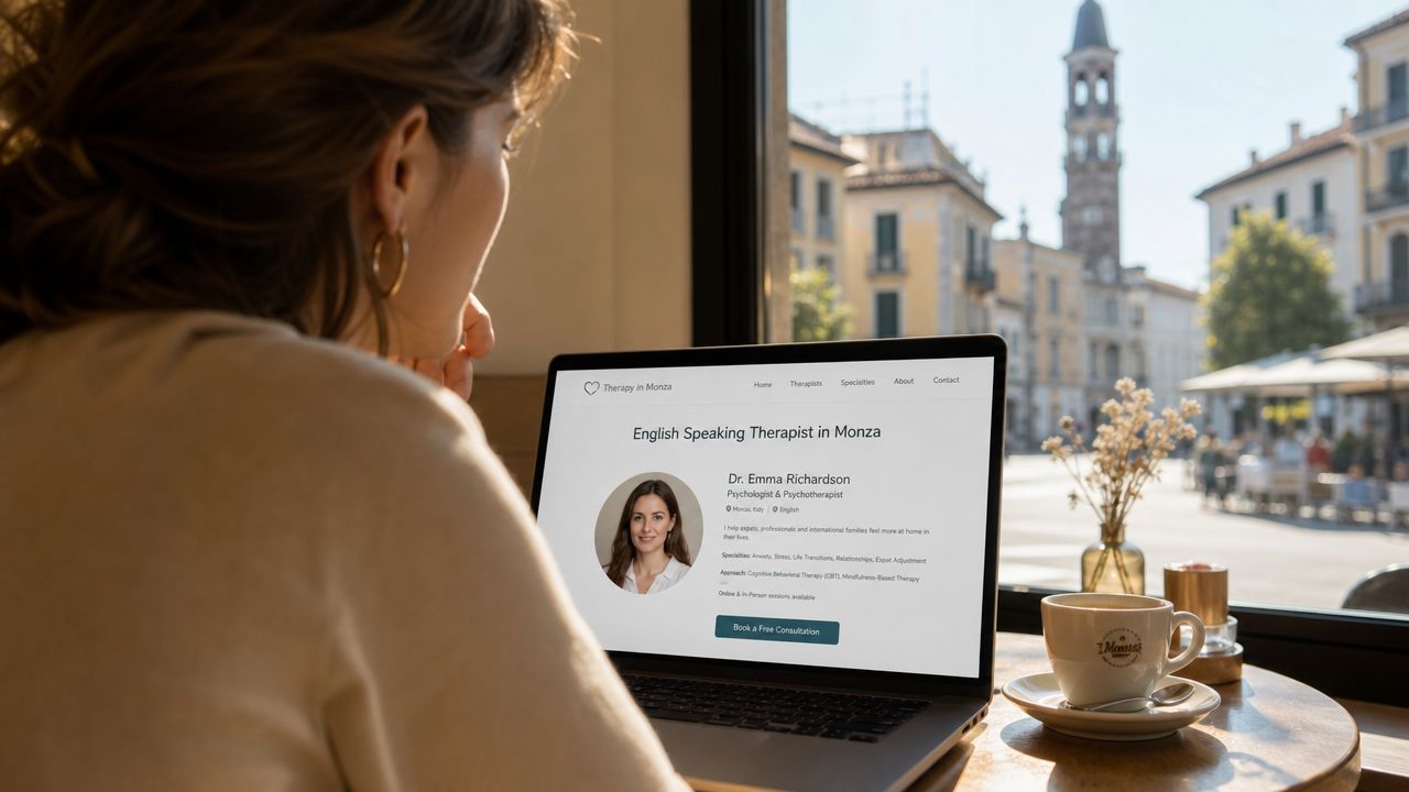 A woman looks at a laptop screen displaying a profile for an English speaking therapist in Monza, Italy.