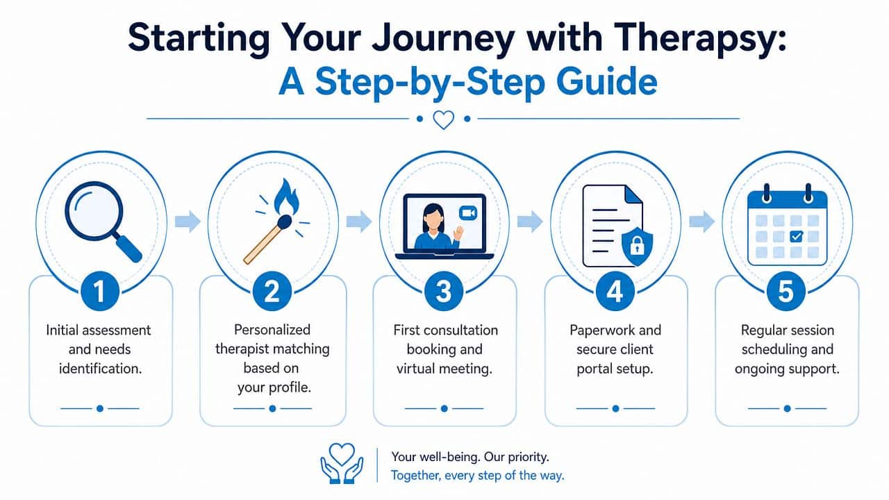 A five-step infographic guide detailing the process of starting therapy, from initial assessment to ongoing support.
