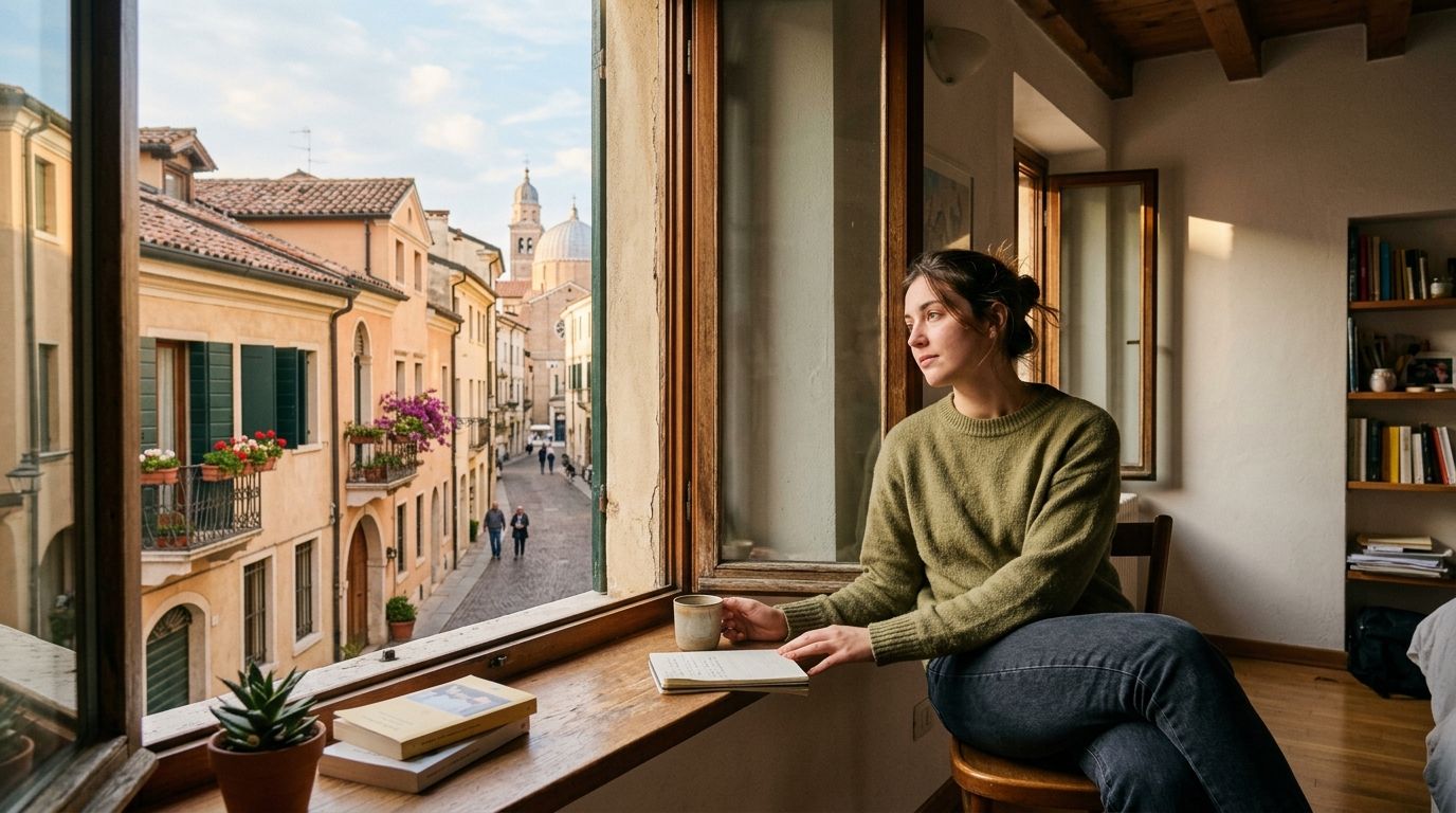 A woman sits by a window in Padua, looking out at a historic street with a cathedral.