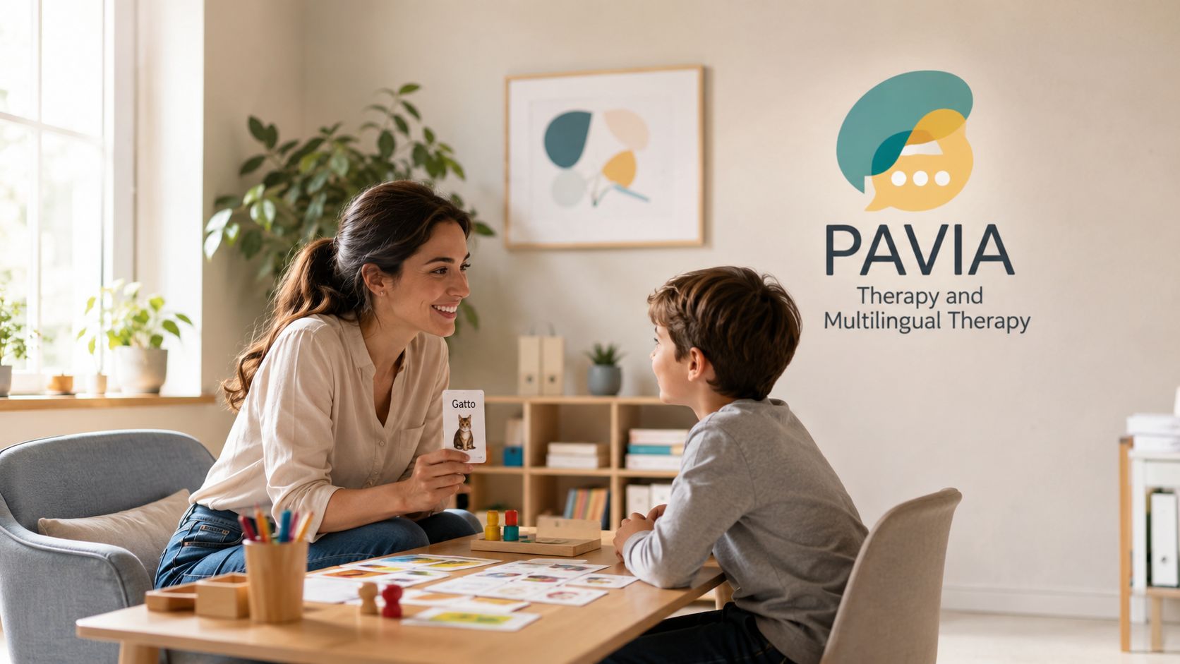 A speech therapist working with a young boy using educational picture cards in a bright office.