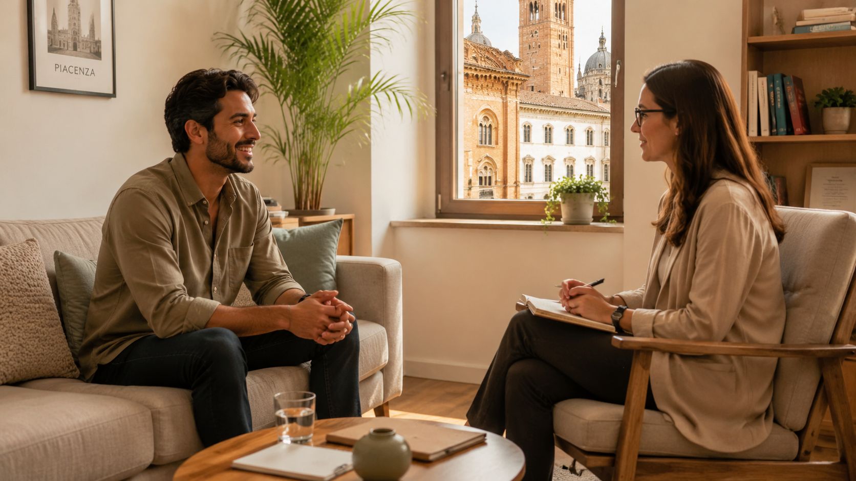 A male patient engaging in a professional conversation with his therapist in a cozy, bright office.