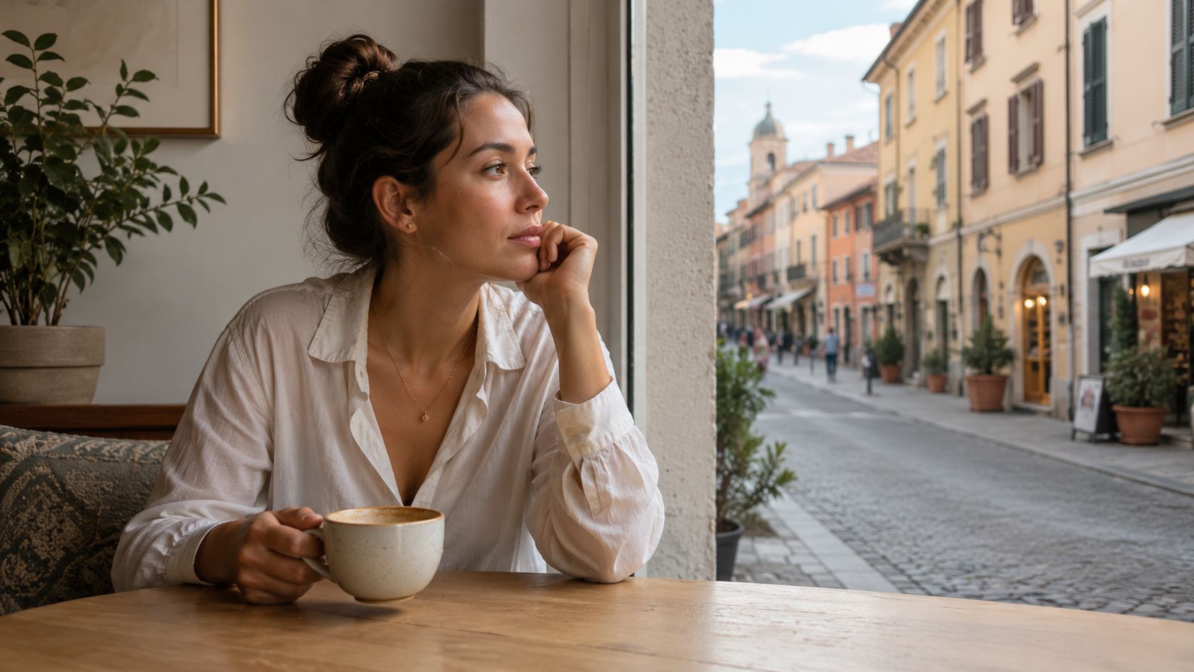 A pensive woman in a white shirt holding a coffee cup while looking out a cafe window.