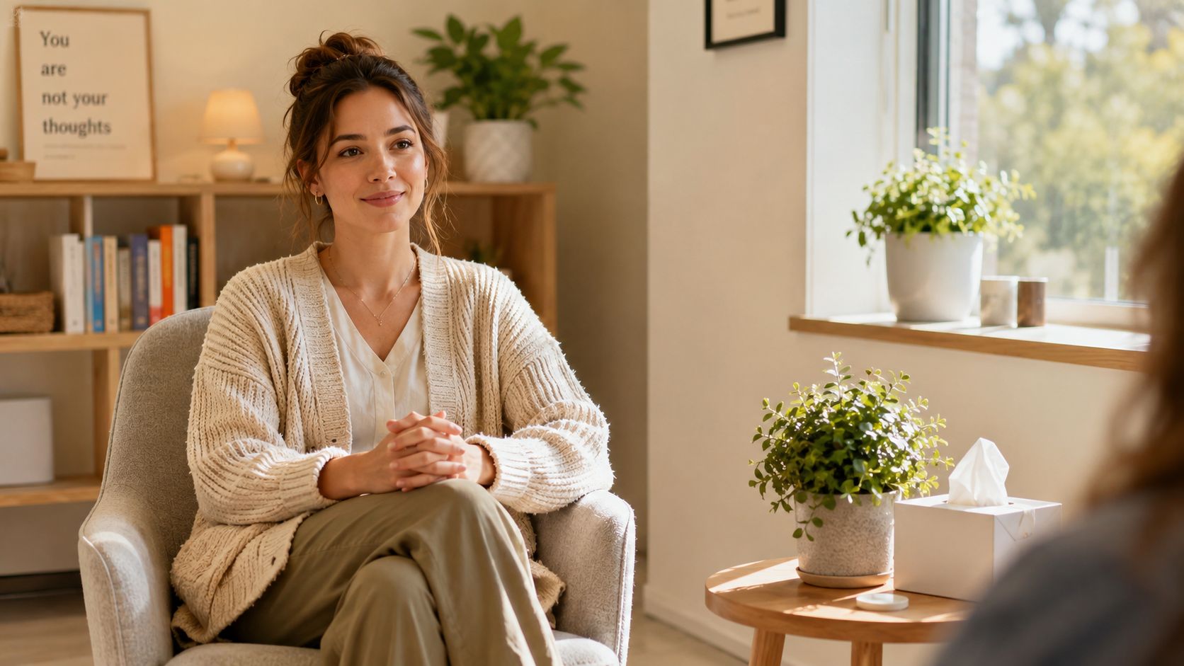 A warm and professional female therapist sits in a chair during a supportive counseling session.