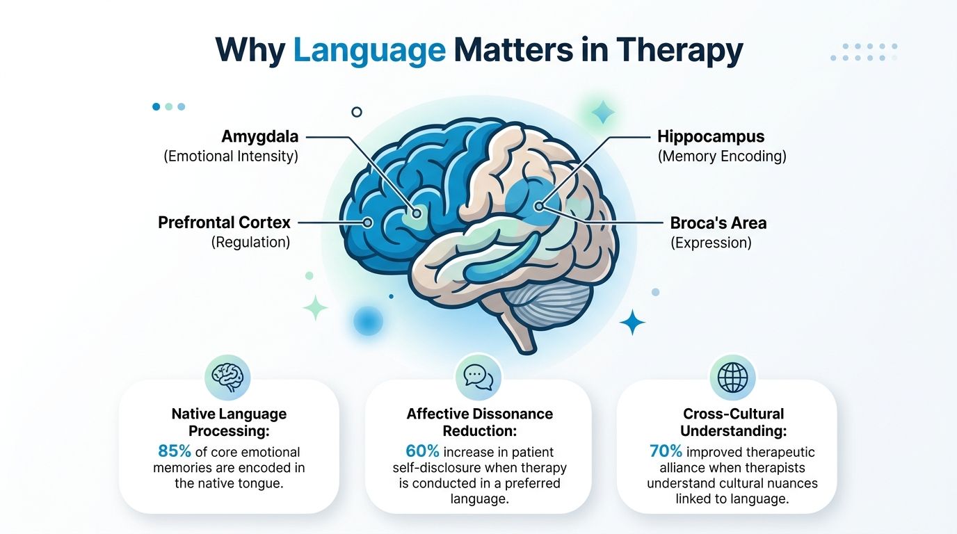 An infographic showing how language influences brain regions and therapeutic outcomes for patients in therapy.