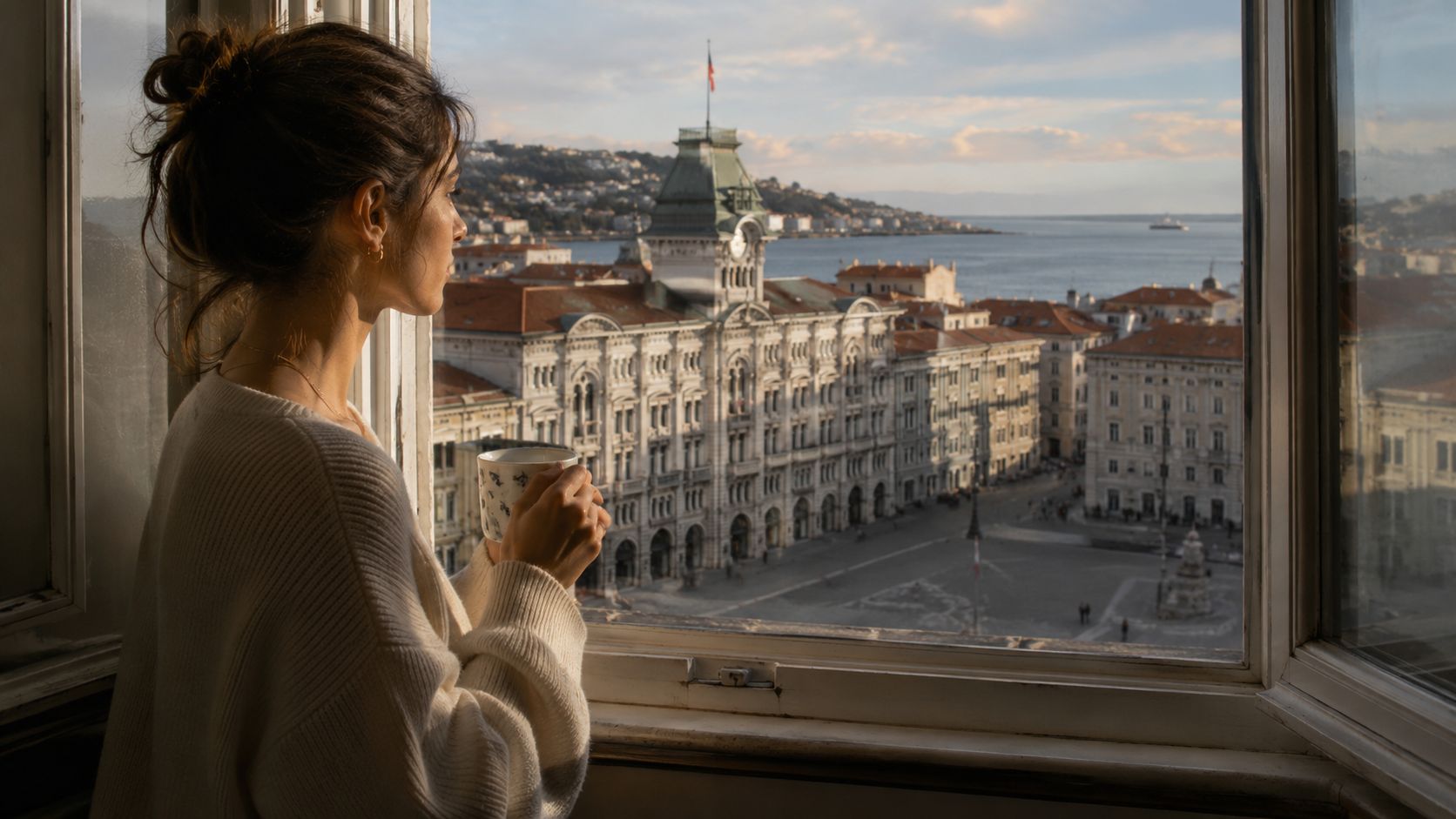 A woman holding a mug while looking out of a window at a square in Trieste, Italy.