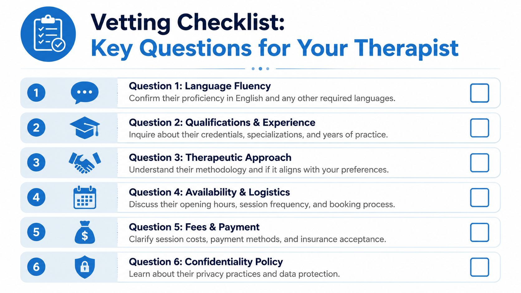 A vetting checklist for choosing a therapist, featuring six key questions to ask potential mental health professionals.