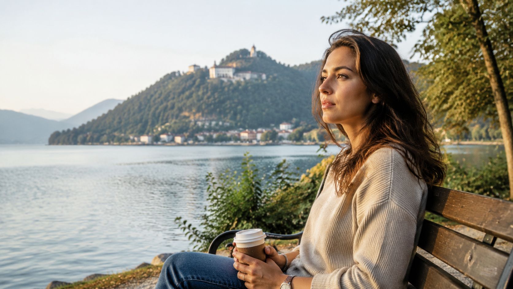 A contemplative woman sitting on a bench by Lake Varese, holding a coffee cup at sunset.