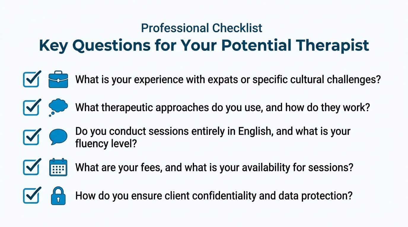 A professional checklist with five key questions to ask a potential therapist regarding their expertise and practice.