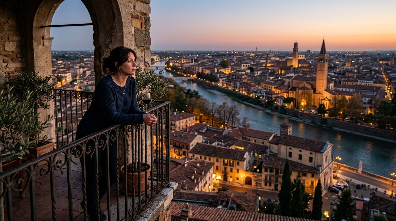 A contemplative woman standing on a balcony overlooking the beautiful river and historic city of Verona at sunset.