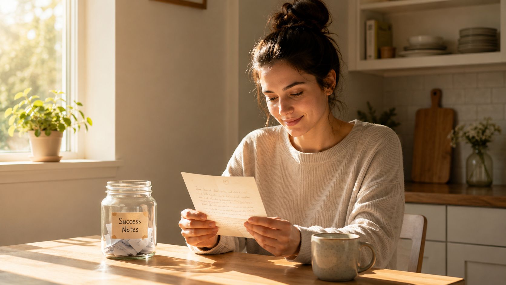 A woman reading a note while sitting at a table with a glass Success Notes jar.