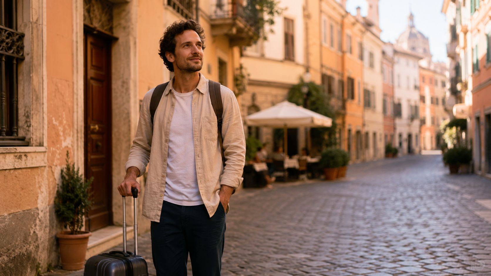 A young man with a backpack and suitcase walking through a historic cobblestone street in Rome.