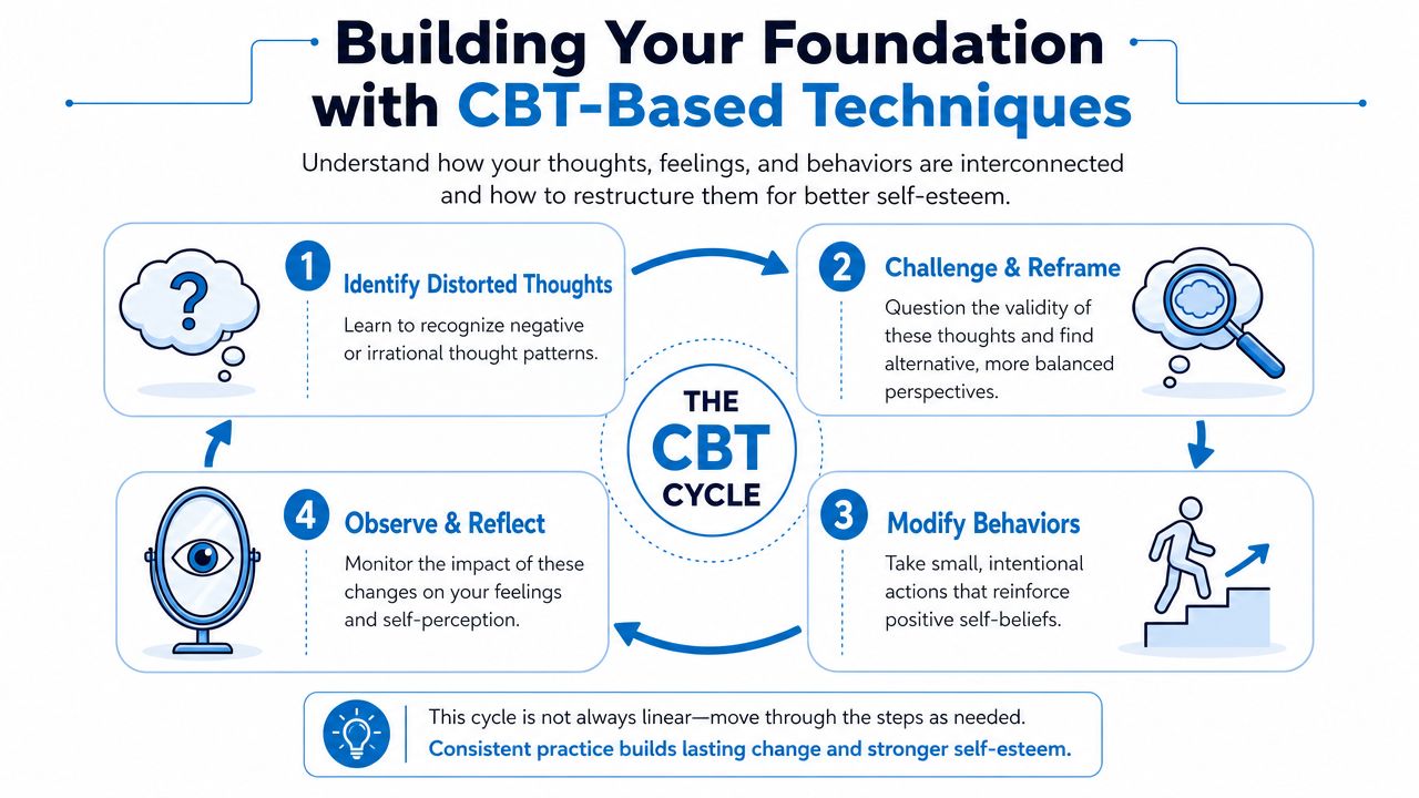 A diagram illustrating the four steps of the CBT cycle to improve self-esteem through cognitive behavioral techniques.